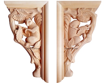 PAAR Vintage Art Eichhörnchen-Stamm geschnitzte 12 "& 16-1 / 4" hohe Klammern Corbels, Spiegel-Paar