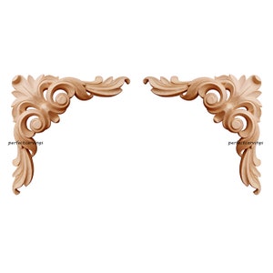 COPPIA di eleganti applique angolari in legno intagliato a forma di foglia a volute, intarsi per mobili, angoli per pannelli da parete, disponibili in 3 misure