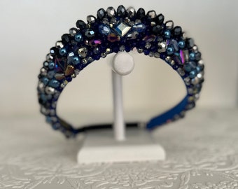 Blue Ice Queen Kokoshnik Crown Slim Headband. Glass Crystals.