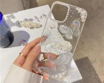 3D Pearl Butterfly Flower Phone Case For iPhone 14 13 12 Mini 11 Pro Max SE 2 2020 Fashion For iPhone X XR 7 8 Plus Cover
