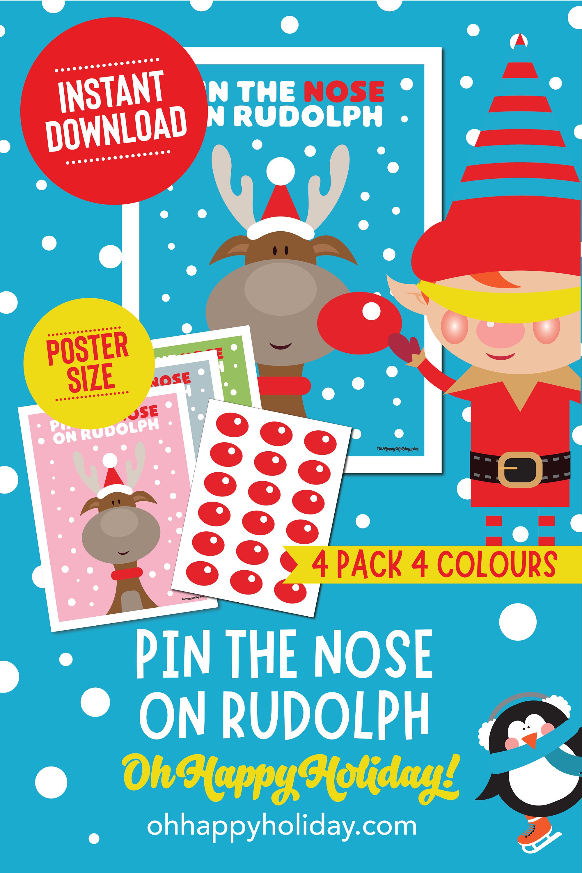 PRINTABLE Pin the Nose on Rudolph 4 pack Pin Nose Game Diy Etsy