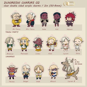 May include: Clear double-sided acrylic charms featuring various cartoon characters. The charms are approximately 2 inches (50.8mm) in size and include characters like Mr. Tansu, Mrs. Tansu, Kaka, and Lycion B. The charms are attached to a gold-colored clasp.