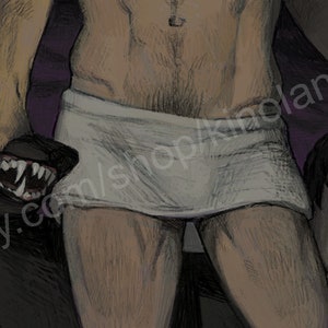 May include: Illustration depicting a figure holding a severed head and a snarling wolf. The artwork is rendered in muted tones with a focus on the figures' expressions and the dramatic scene. The text "etsy.com/shop/kinoland" is visible.