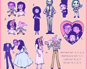 May include: A collection of cartoon illustrations of characters from the movie Beetlejuice. The characters include Beetlejuice in a striped suit, Lydia Deetz, and the Maitlands. The image has a pink background and includes text indicating character sets.