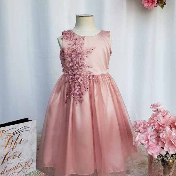 Rose Gold Occasional Flower Girl Dress, Party Dress, Open Back Dress, Naomi