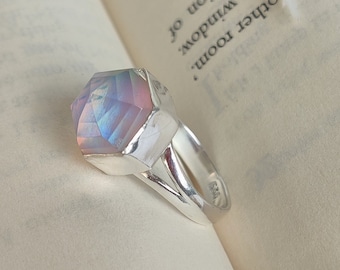 Anello in argento sterling fatto a mano con quarzo aura angelica: gioielli minimalisti