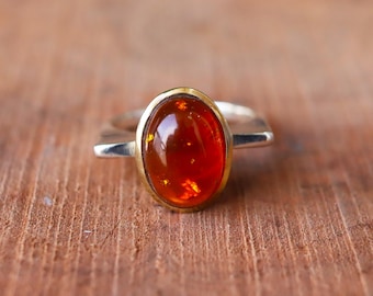 Cognac Baltic Amber Ring | Sterling Silver Gemstone with Golden Flakes