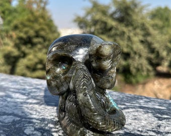 Calavera tallada en labradorita con serpiente, escultura de piedra tallada a mano, arte de calavera de cristal, decoración única para el hogar, pieza de colección
