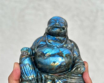 AAA Grade Labradorite Crystal Laughing Buddha | Buddha Carving Home Decor | Living room decor | Gemstone Carving | Indian Art