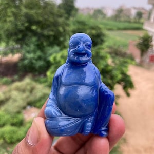 Mini Dumortierite Crystal Laughing Buddha Carving | Buddha Statue | Dumortierite Crystal | Handmade Lucky Man Crystal Carving