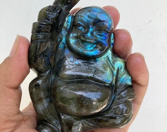 Blue Flash Labradorite Laughing Buddha | Gemstone Crystal Carving | Art Deco Semi precious stone gift decor | Transformation crystal