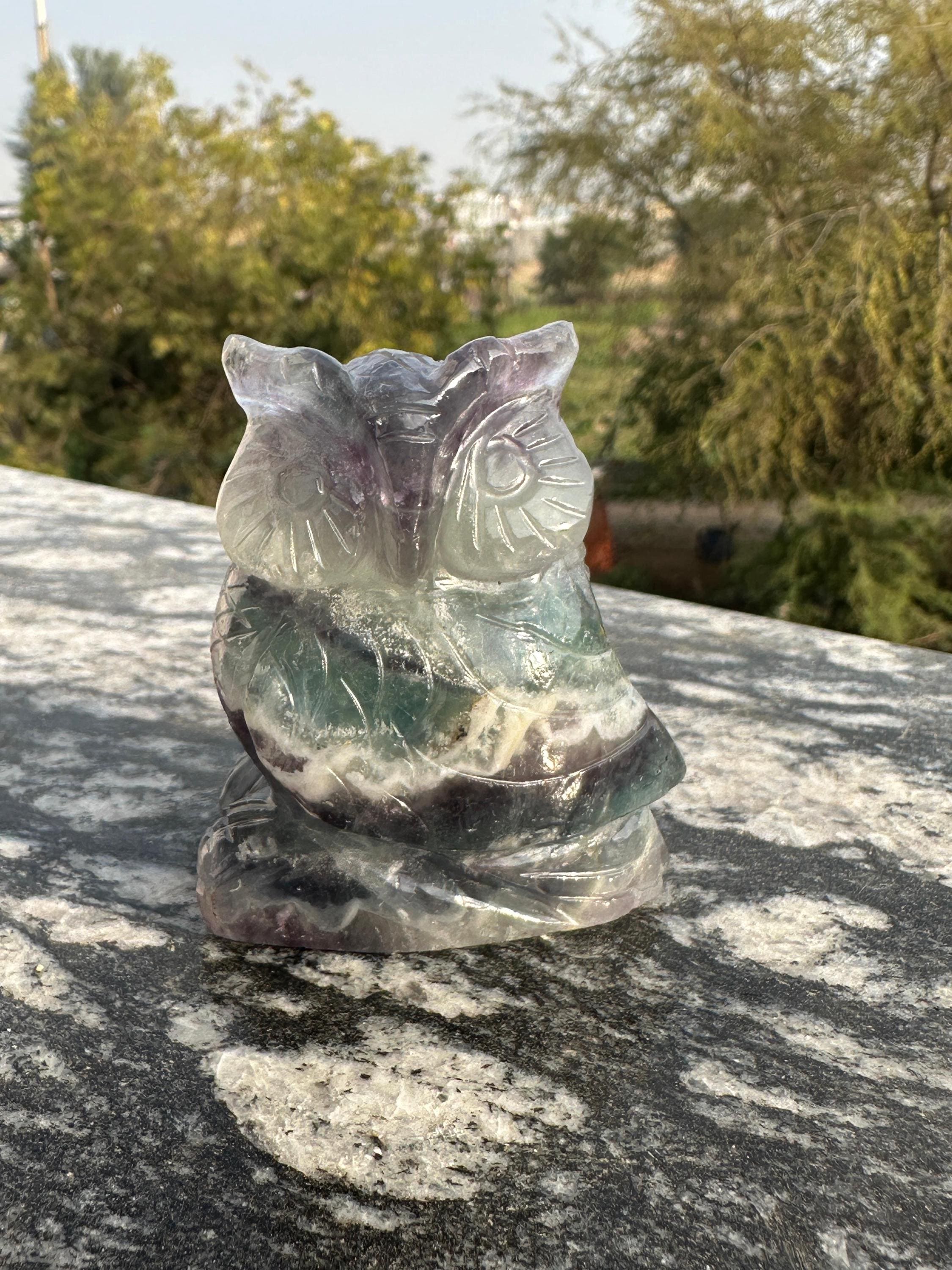 Natural Fluorite Multi Owl Figurine &ndash; Detailed Hand Carved Stone Owl Sculpture