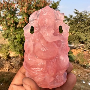 Rose Quartz Ganesha Sculpture, Hand Carved Elephant God Statue, Crystal Healing Home Decor