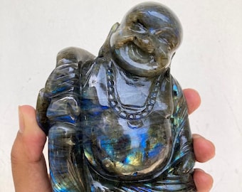 AAA Blue FLash Labradorite Laughing Buddha | Gemstone Crystal Carving | Art Deco Semi precious stone gift decor | Transformation crystal