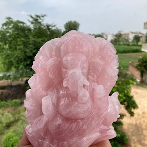 Intricately Carved Pink Rose Quartz Crystal Ganesha | Natural Quartz Crystal Ganesha | Gemstone Lord Ganpati Figurine | Heart Chakra Crystal