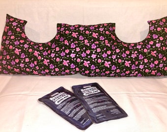 Post surgery pillow - lumpectomy, mastectomy recovery aid, seat belt pillow with 2 reusable cool packs. Double U shaping in a long cushion.