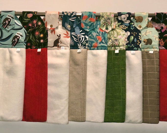 Selling out!  Hanging loop kitchen, bathroom, laundry, caravan hand towel. Australian animals, birds and plants.