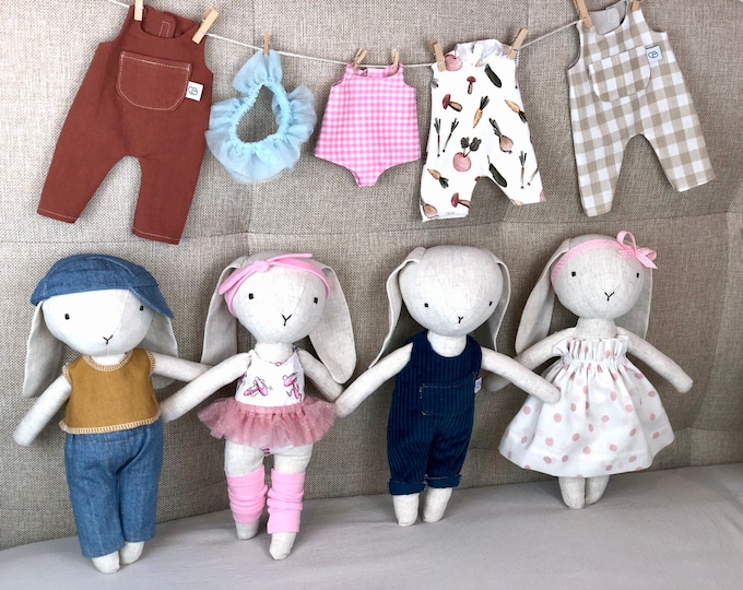 Linen Bunny Toy (Gender neutral) and clothing choices to dress it up. No Buttons, safe for baby. Personalize with child's name.