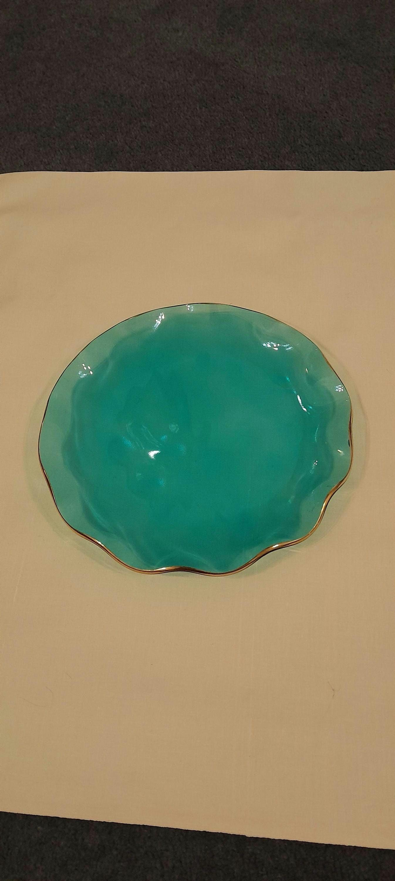 Vintage ~ Mid Century, Tuorquise Ruffled Plate by Chance Brothers.