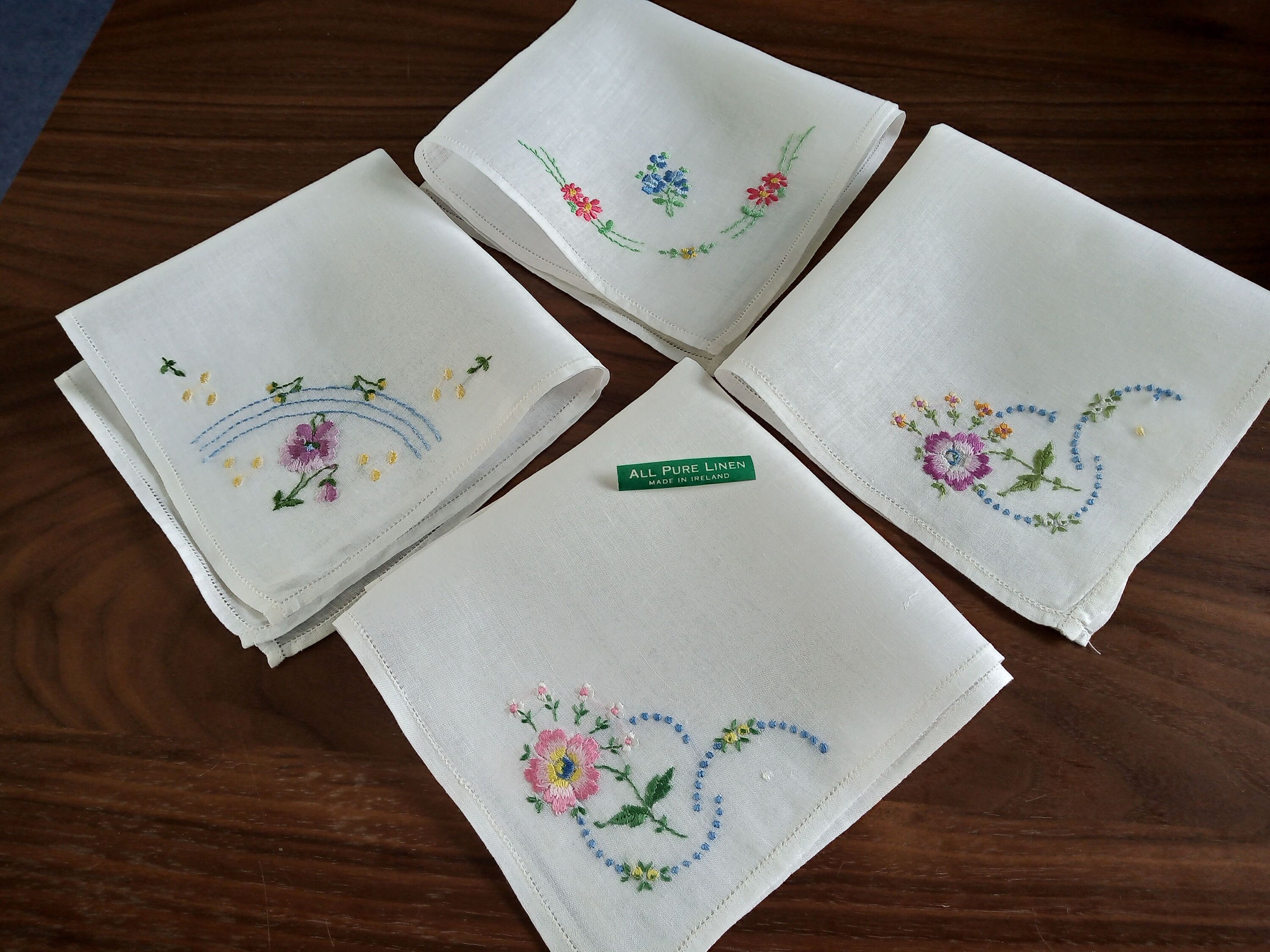 Vintage All Pure Irish Linen Ladies Handkerchief Hand Embroidered