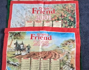 Vintage Linen/Cotton Tea Towel. The People's Friend Magazine. 2000, 2001, and 2003 Calender Tea Towels. Sold Separately.