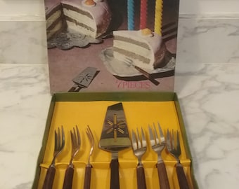 Vintage Cake Server and Fork Set. Seven Piece Set, Boxed.