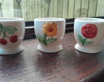 Vintage Afibel Ceramic Egg Cups With Cherry, Rose, Sunflower Designs. France.
