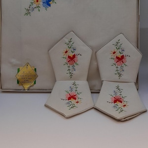 Vintage Embroidered Irish Linen Table Cloth and Matching Napkins. Boxed and Unused.