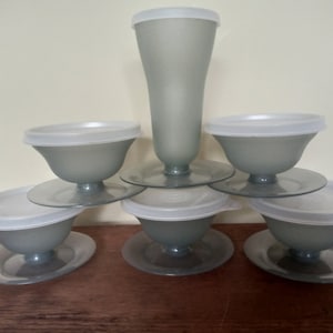 May include: Set of six grey plastic dessert bowls with lids. The bowls are stacked on top of each other, with the lids on top of the bowls. The bowls are all the same size and shape.