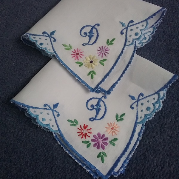 Vintage Irish Linen Handkerchief. Hand Embroidered Letter D. Bride's Hankie. Sold Seperately.