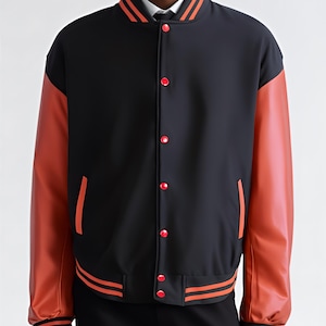 Mens Varsity Bomber Black Wool Jacket With Burgundy Leather Sleeves - School College Jacket For Men / Baseball Varsity Jacket