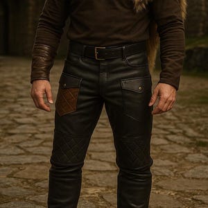 中世のレザー戦士パンツ メンズ用 ブラックキルティングレザーパンツ - ゴシックスチームパンクコスプレバイキングパンツ ブラウンのアクセントとポケット付き