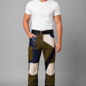 Men’s Patchwork Cowhide Leather Pants – Handmade Western Leather Trousers – Multi Panel Designer Cowboy Pants – Luxury Streetwear Pants