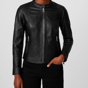 Blouson femme noir en cuir d'agneau - Blouson tendance coupe slim