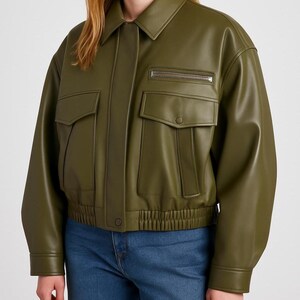 Blouson aviateur oversize en cuir d'agneau zippé pour femme