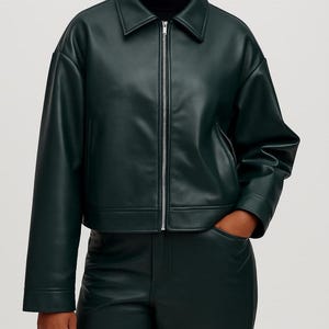 Blouson aviateur oversize en cuir d'agneau zippé pour femme