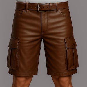Men’s Brown Real Leather Cargo Shorts – Custom Handmade Streetwear with Dual Side Pockets