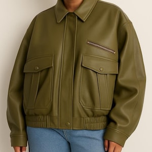 Blouson aviateur oversize en cuir d'agneau zippé pour femme