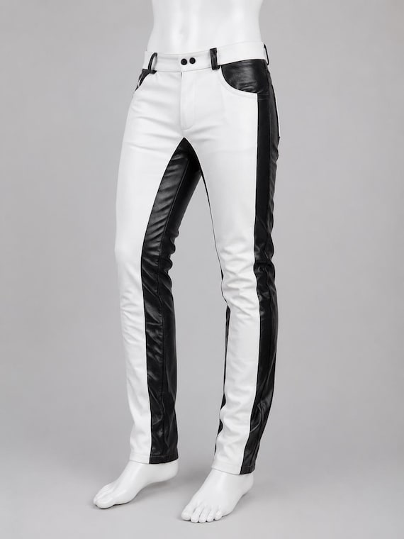 Men's White & Black Leather Pants – Biker Streetwear Pant