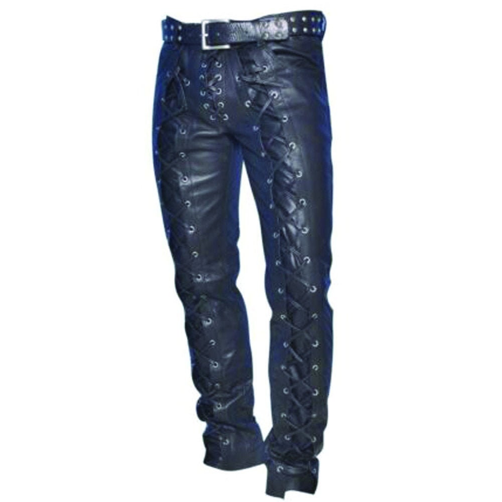 Real Leather Cowhide Motorbike Motorcycle Biker Jeans Trouser Pants Side Laces 