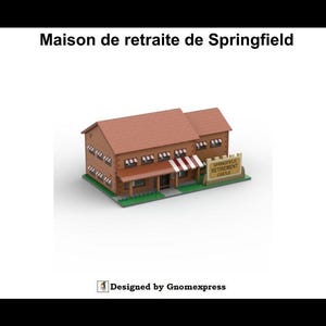 May include: A brown Lego model of a retirement home with a sign that reads "Springfield Retirement Castle".