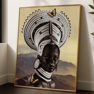 Traditional african art, African Wall Art Prints, Black Girl Magic, Living Room Wall Art, Afrocentric Female Portrait Art
