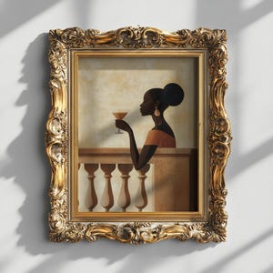 Arte mural africano neutro - Impresión en lienzo de mujer negra con martini espresso - Decoración de bar afrocéntrica - Póster de cóctel con silueta - Enrollado