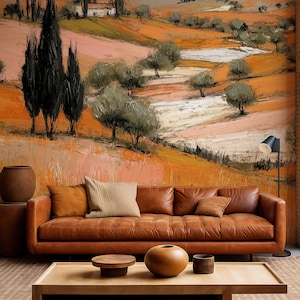 Peel and Stick Mediterranean Landscape Mural – Removable Olive Grove Wallpaper – Spanish Countryside Wall Art