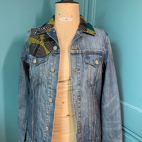 Veste en jean avec du Wax - veste originale  - veste en Wax - Cadeau original - Mixte femme et homme