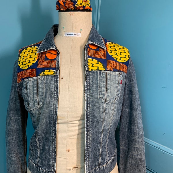 Veste en jean avec du Wax - veste originale - veste en Wax - Cadeau original - Mixte femme et homme