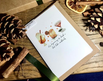 Christmas cocktail card, Christmas Cocktails recipe, Luxury Christmas card Watercolour, Pack of Christmas cards, alcoholic Christmas card