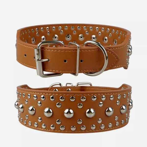 Genuine Leather Silver Rivets Studded Dog Collars Brown for small medium and large dogs Boy Dog Collar Puppy Collar Adjustable Dog Necklace