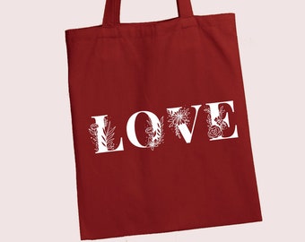 Sac à bandoulière d’amour / Illustration de fleurs / choisir un sac de couleur / 100% coton / taille unique / cadeau / sac de marché / fourre-tout / engagement / fiancée / amour