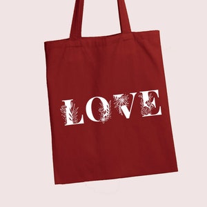 Sac à bandoulière Love / illustration de fleurs / couleur du sac au choix / 100 % coton / taille unique / cadeau / sac de marché / fourre-tout / fiançailles / fiancée / amour